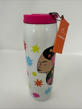 Starbucks Manuela Guillen 16oz White Glitter Tumbler Hot Pink Lid Multicolor New